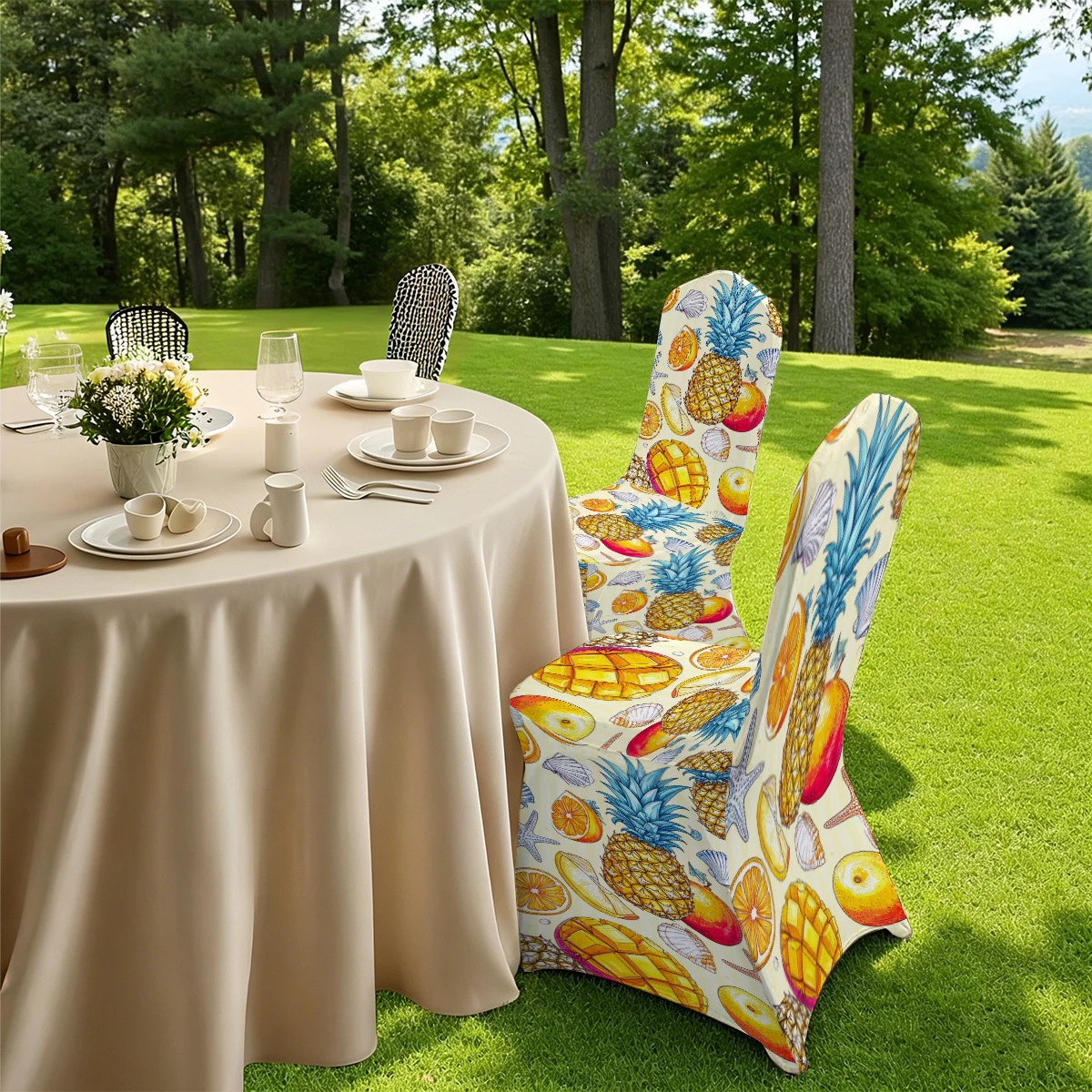 2D All - inclusive Stretch Chair Cover, Tropical Fruit (Pineapple/Mango/Orange) Printed, Universal for Hotel