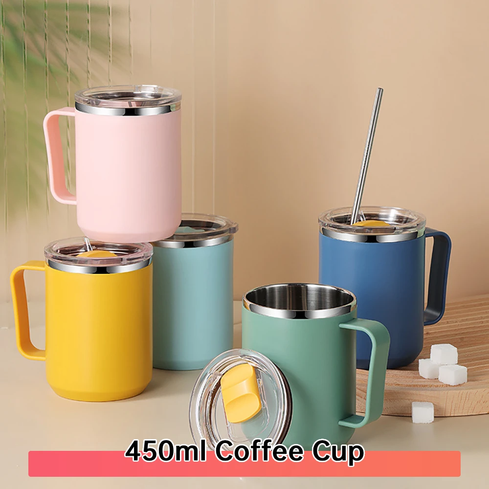 450ml Handy Cup 304 Stainless Steel Double-layer Thermal Water Bottle with Handle and Lid Drinkware Gifts for Home Office Travel