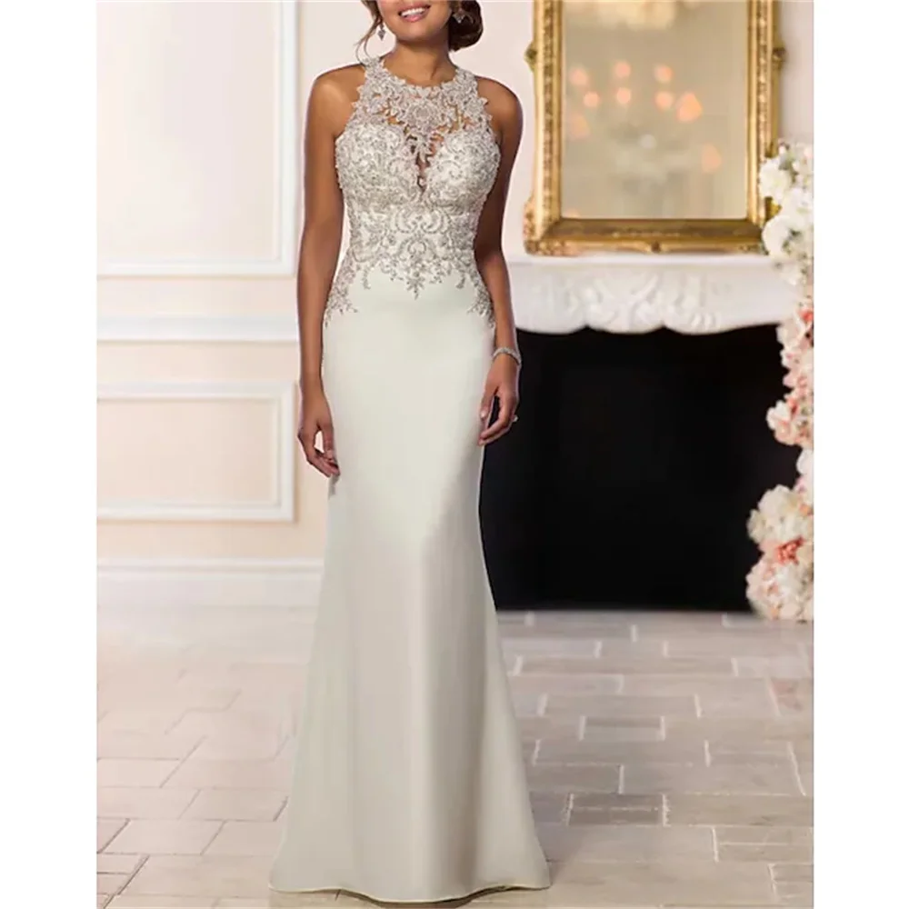 Vestidos de casamento sem alças com Beading, Halter Neck, escova, laço, cetim, Sexy, sem encosto, Glamorous