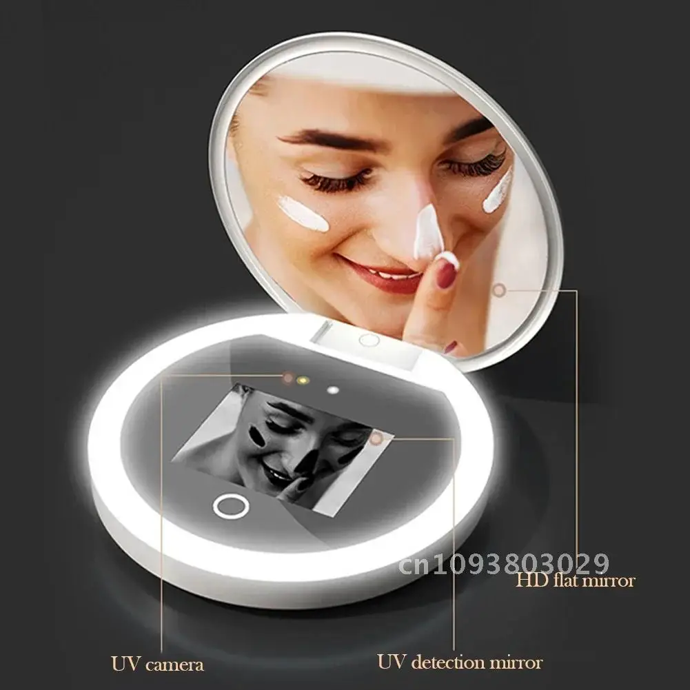 UV Mirror Sunscreen Testing Camera with Light 2X Magnification Travel Makeup 3.5in Pocket Size