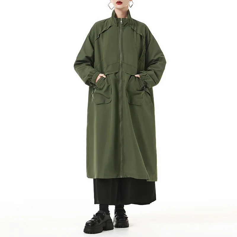 Vefadisa Army Green 2025 Spring Autumn New Casual Women Trench Coat Stand Collar Long Sleeve Mid-length Trench Coat ZXY1382A