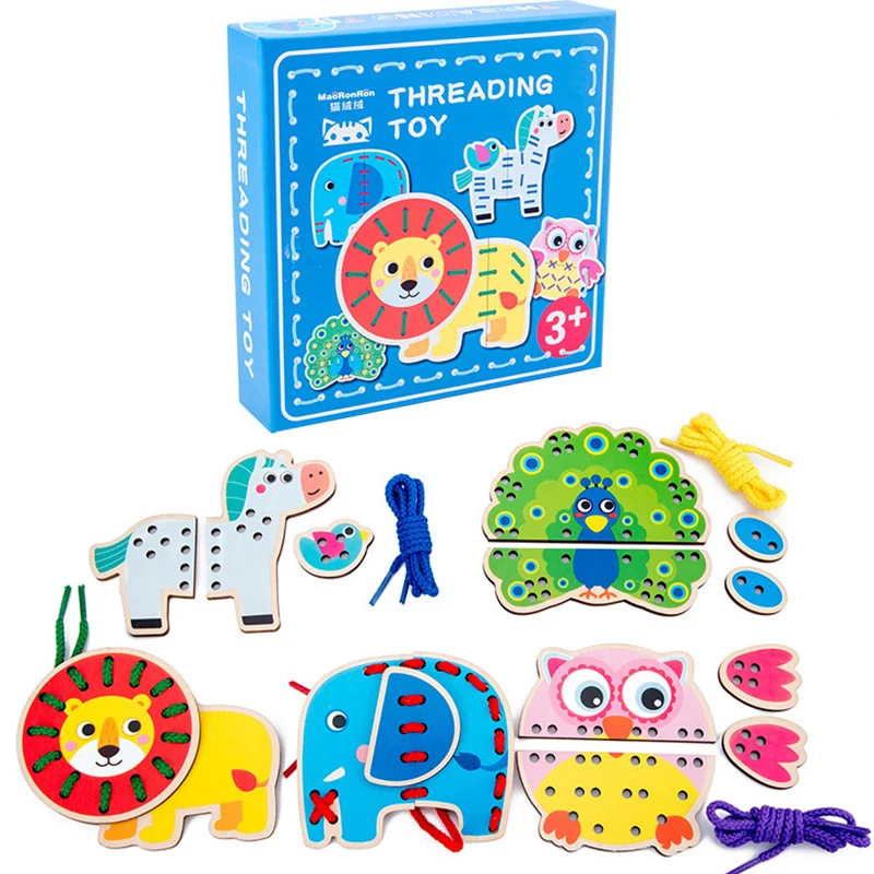 Children's Animal Traffic Dinosaur Fruit Clothes Threading Button Sewing Montessori Learn Basic Life Skills Educational Toys
