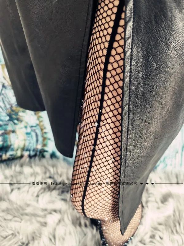 2026 New Thin Black Fishnet Tights, Rhinestone Hollow‑Out INS Trendy Versatile Leg‑Shaping Women Pantyhose