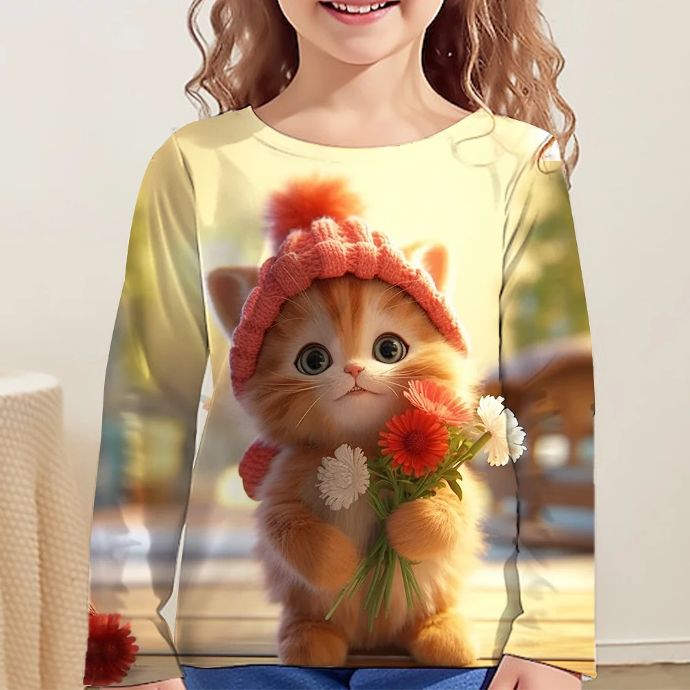 

Children's Clothing Girl T-Shirts Long Sleeve Children T-Shirt Cute Cat Print Casual O-Neck Girl Clothes Kids Summer Clothes Top