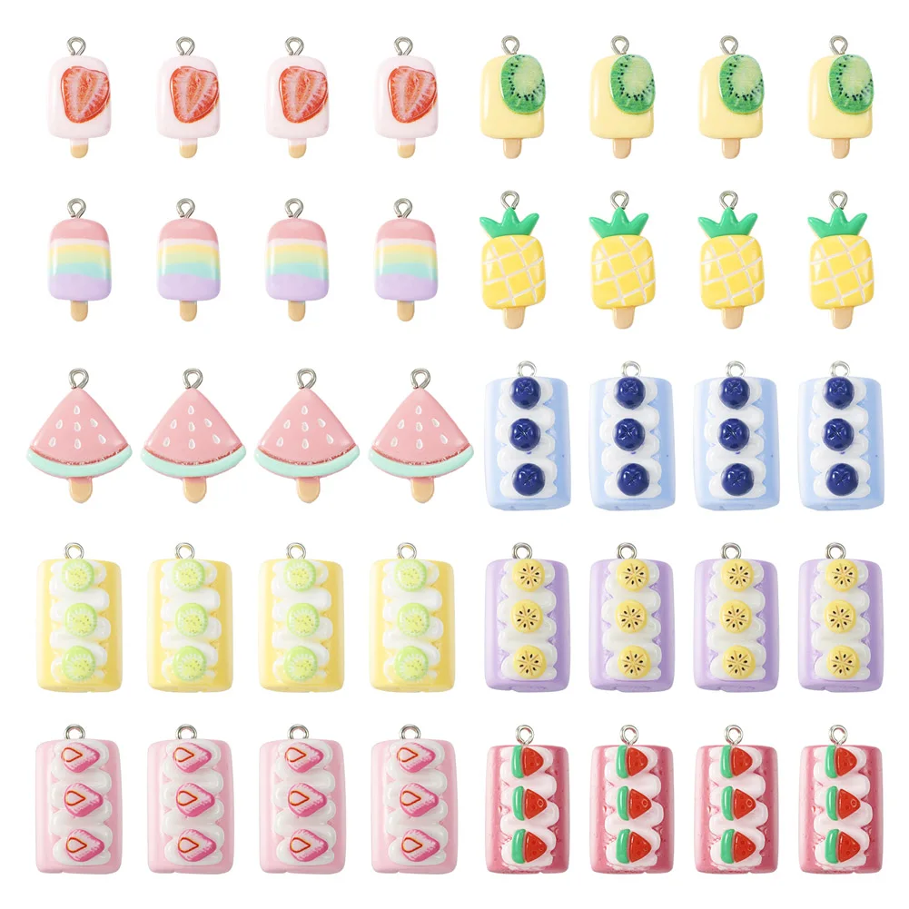 Opaque Imitation Food Resin Pendants Fruit Ice Lolly Cake Roll Cupcake Dangle Charms for DIY Jewelry Making Decor Accessories