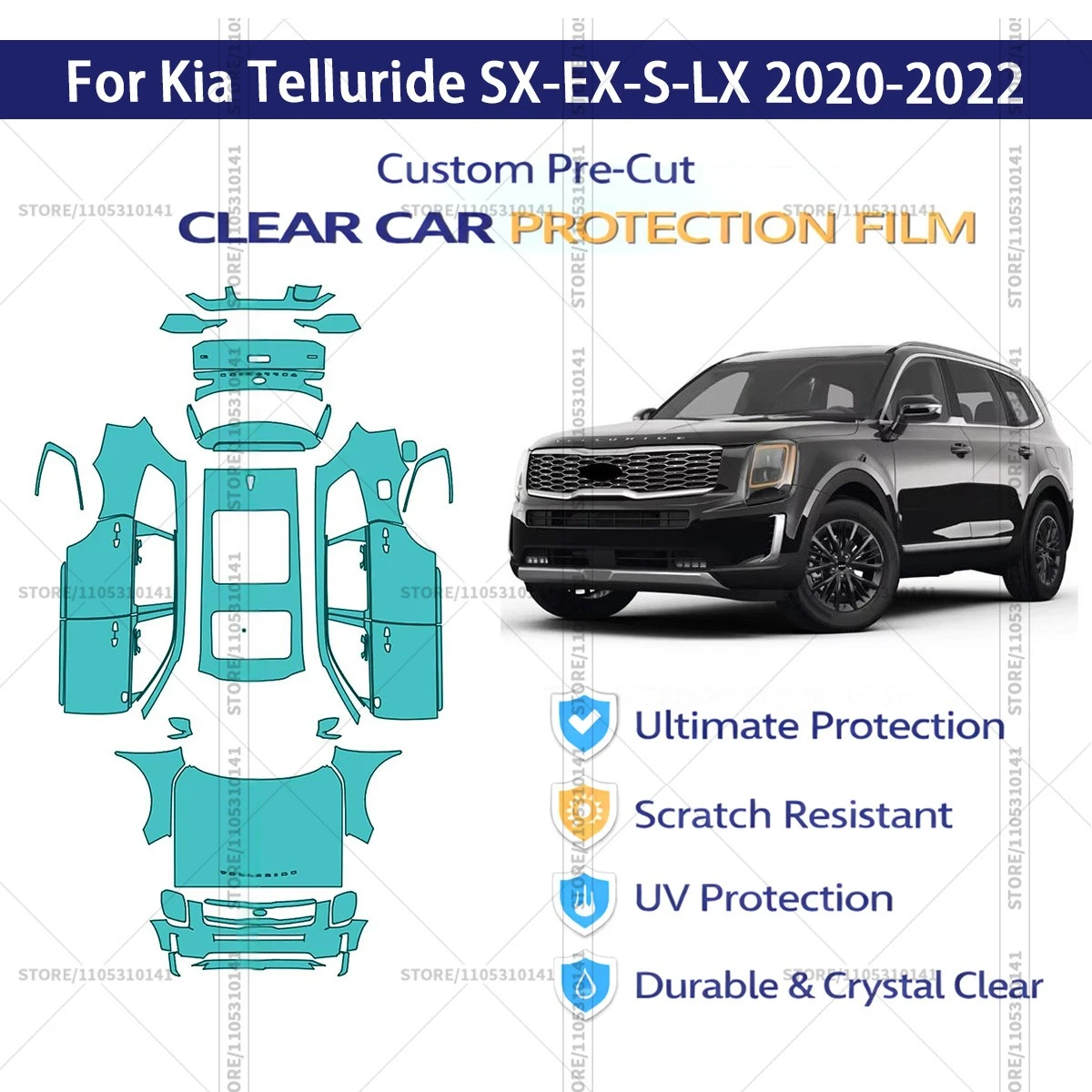 

Для Kia Telluride SX-EX-S-LX 2020-2022: Предварительно вырезанная прозрачная защитная пленка (PPF) для автомобиля, полный комплект для всего кузова
