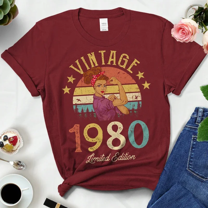 

Vintage 1980 Limited Edition Woman Tshirts Retro 44rd 44 Years Old Birthday Party Gift Ladies T Shirts Summer Women Fashion Top