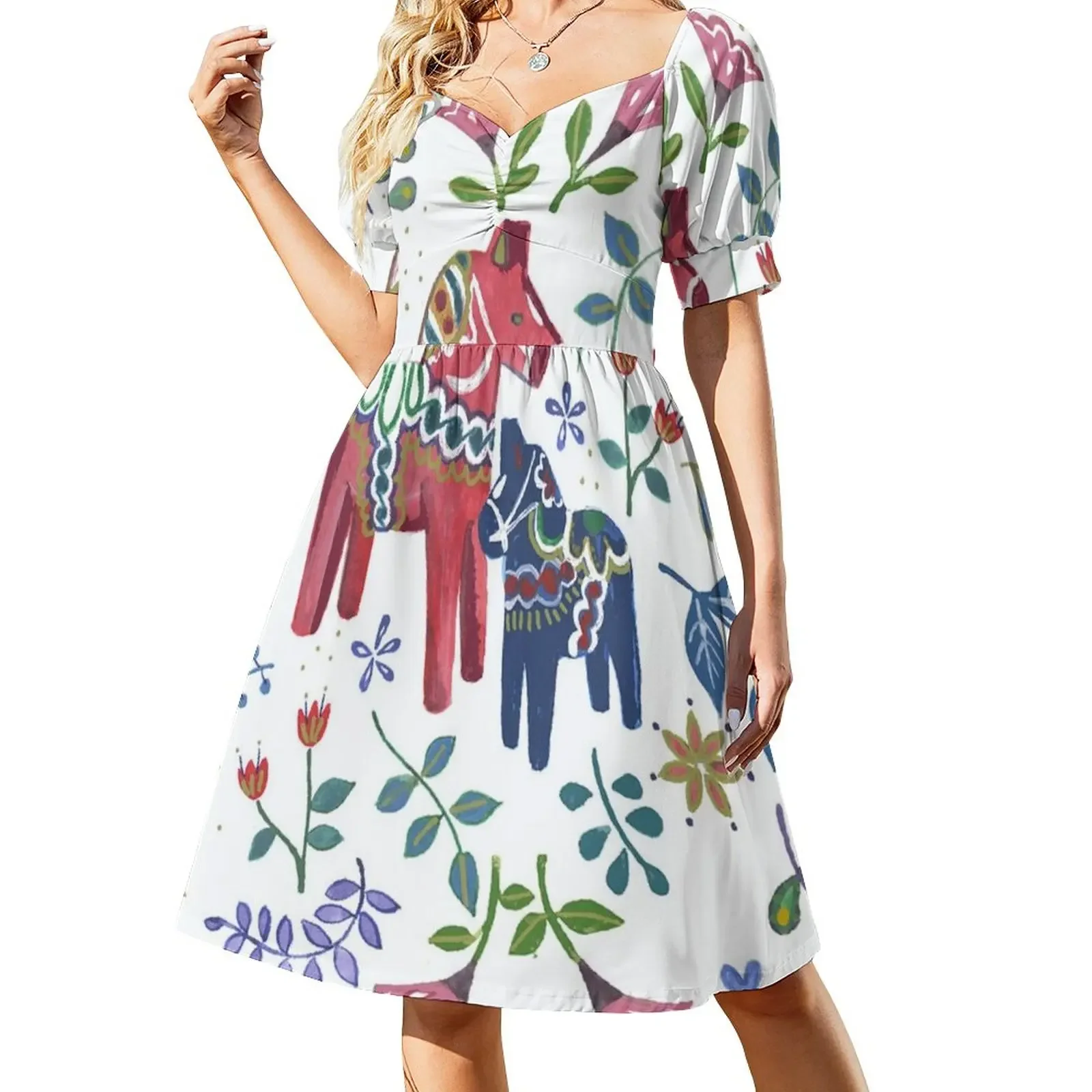 

Swedish Dala Horses Short-Sleeved Dress women's dresses luxury womens clothing Summer skirt