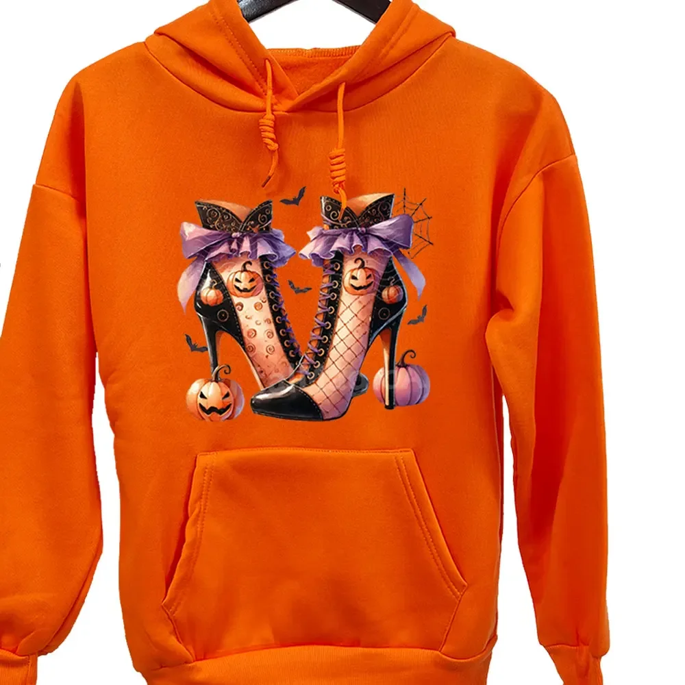 2024 Halloween High Heels Graphic Pumpkin Bat Printed Sweatshirt Funny Cartoon Harajuku Ladies Long Sleeve Halloween Costume