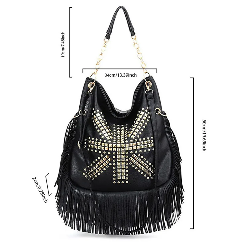 New Rivet Fringe Shoulder Bag Fashion Punk Motorcycle Handbag Large Capacity Women Chain Crossbody Bag Casual LadyTote Purse