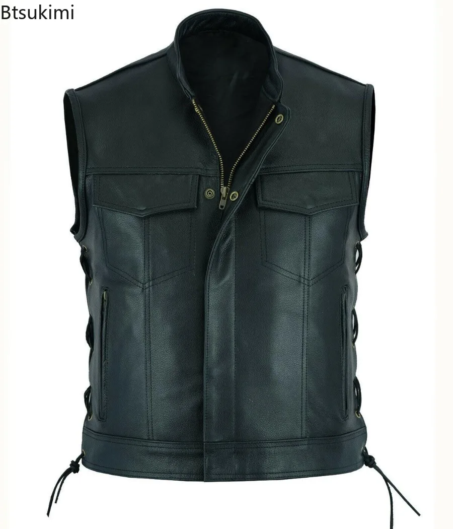 2025Men's Leather Vest Casual Punk Style Stand Collar Zipper Sleeveless Vest Coats Men Handsome Motorcycle Biker PU Leather Tops