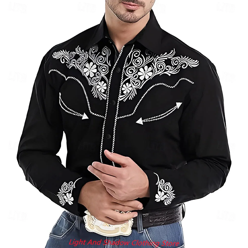 2025 Men's Flower Pattern Western Printed Shirt Cowboy Shirt Long Sleeve Casual Collar Button Men's Clothing XS-6XL