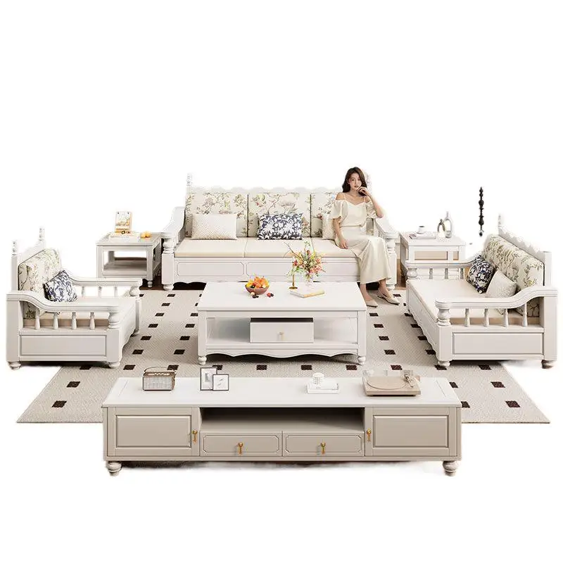 

American solid wood sofa household white four-person straight storage fabric sofa cream wind light luxury living room furniture