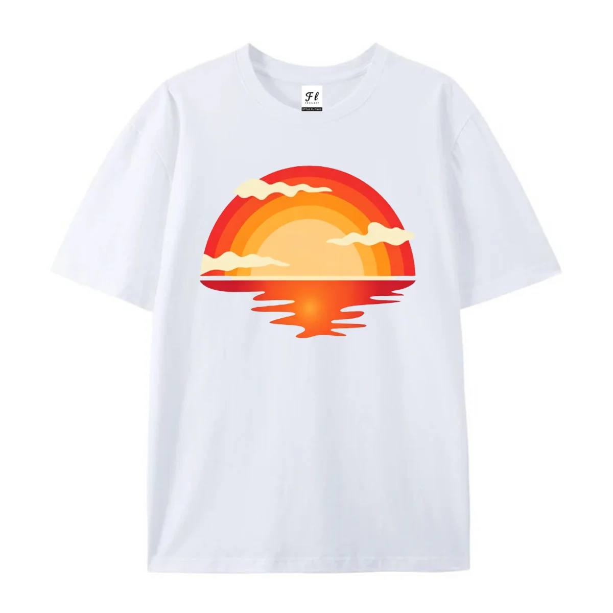 Unisex Vintage Sunset Sea Graphic T Shirt O Neck Short Sleeve Tops Casual Loose Cotton Tee Summer Beach Vacation Daily Wear