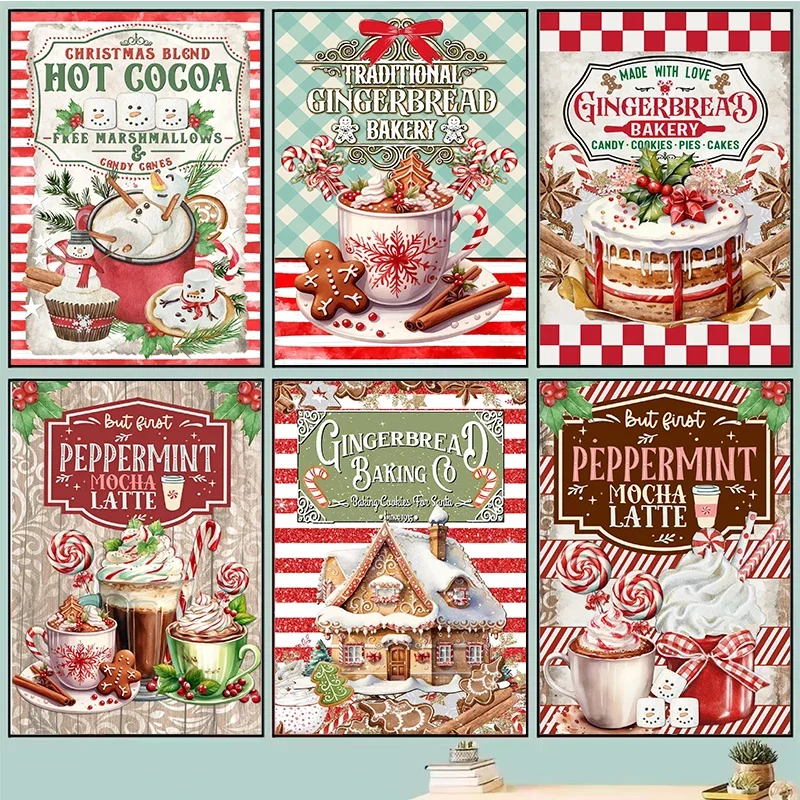 Multiple sizes 1pc frameless Canvas Painting,Vintage Christmas Food and Beverages Posters Hot Cocoa Gingerbread Canvas Painting