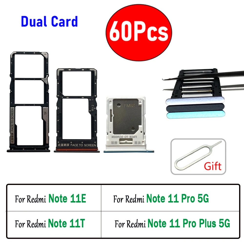 

60Pcs，NEW Dual Card SIM Card Holder Tray chip slot drawer Holder Adapter Socket For Xiaomi Redmi Note 11T 11E 11 Pro Plus 5G