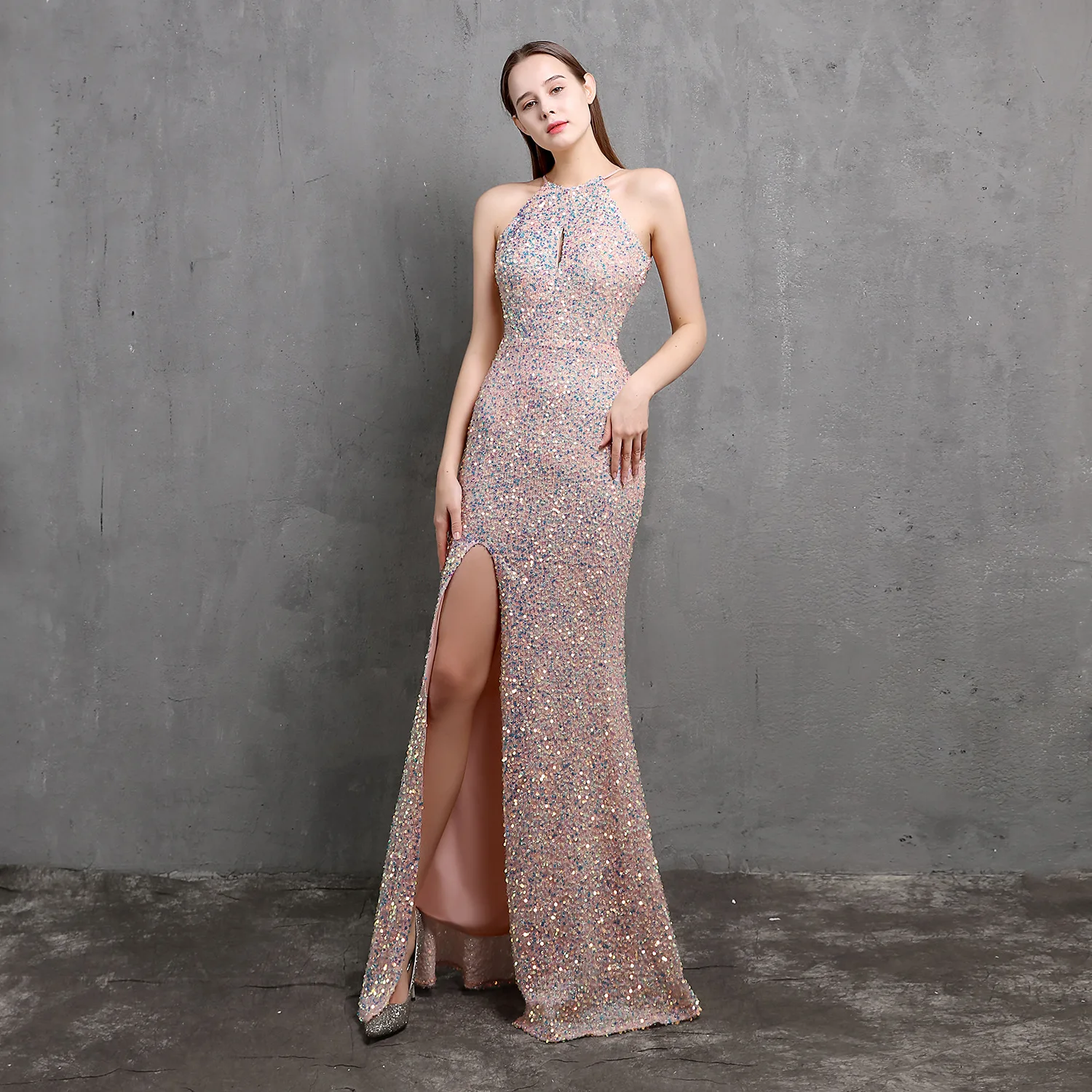 

Summer Colorful Sequin Dress Celebrity Party Evening Dress Temperament Sexy Long Dlim Toast Dress New Style