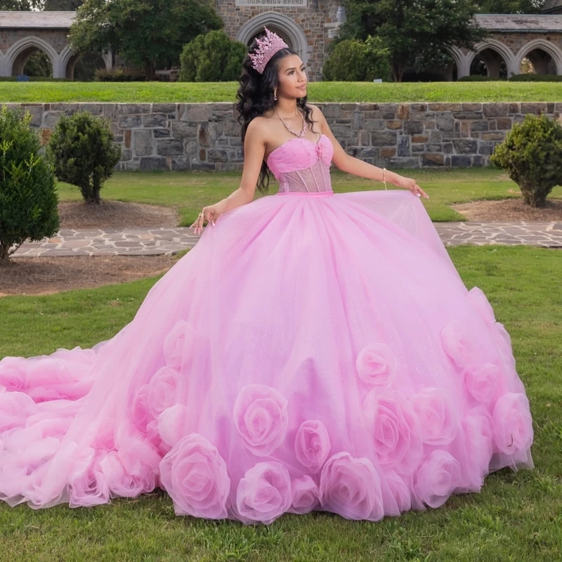 

Pink Quinceanera Dresses Off The Shoulder Flower Beading Crystal Tull Corset Party Birthday Sweet 16 Dress Vestidos 15 De Anos