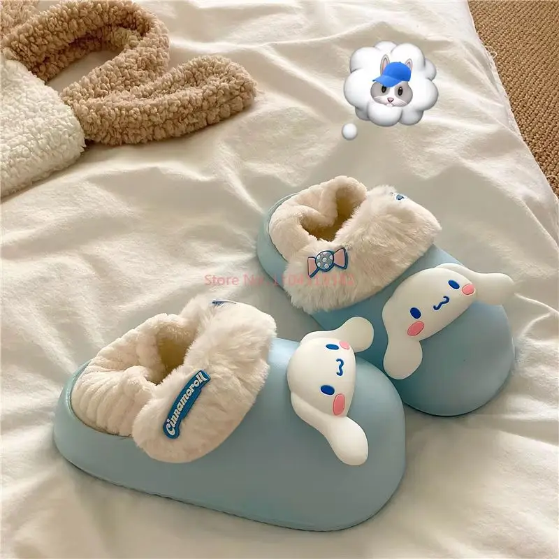 Miniso Sanrio Cotton Slippers Yk2 Kuromi Cinnamoroll Women Winter Plush Non Slip Girl Cute Flat Shoes Slippers Girl Gift