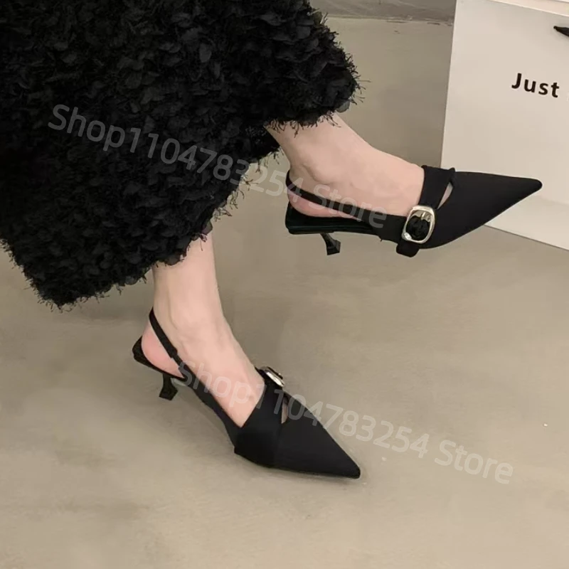 Pointy High Heeled Sandals Women's Buckle Brand Casual Fashion Slippers Sexy Slingback Shoes Sweet Muller Beach Sandals Women