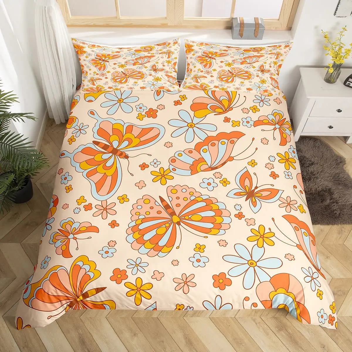 Butterflies Floral Hippie Bedding Set Queen Cute Groovy Butterfly Flower Power Comforter Cover Boho Natural Flowers Duvet Cover