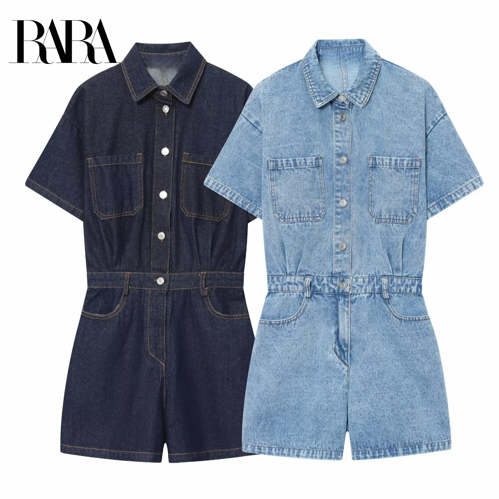 

RARA Women's Summer New Single Row Button Casual Stylish Lapel Short Sleeve Shirt Style Denim Jumpsuit Shorts