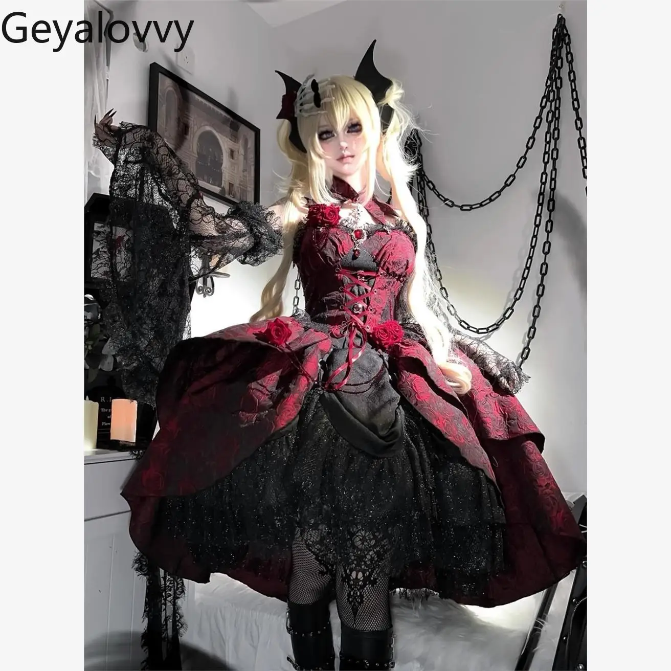 

JSK Lolita Bow Lace Lace-up Dress with Sleeve Summer Japanese Gothic Black Red Jacquard High Waist Suspender Dresses