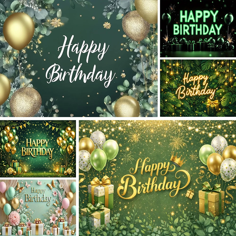 

Green Happy Birthday Theme Backdrop Green and Gold Balloons Flowers and Party Gift Decor Background Photography Supplies Banner