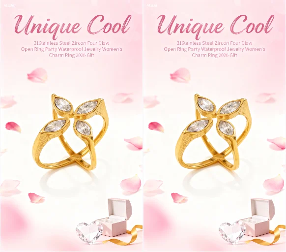 

Unique Cool 316L Stainless Steel Zircon Four Claw Open Ring Party Waterproof Jewelry Women's Charm Ring 2026 Gift