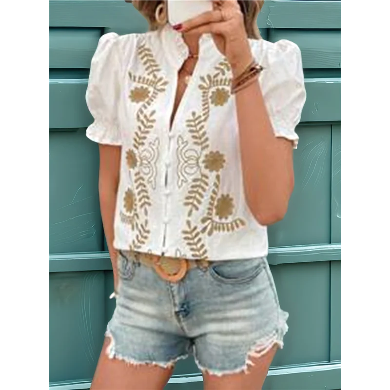 

NEW-Women's Summer Tops 2025 Casual Ruffle V Neck Puff Short Sleeve Button Down Shirts Embroidered Blouses