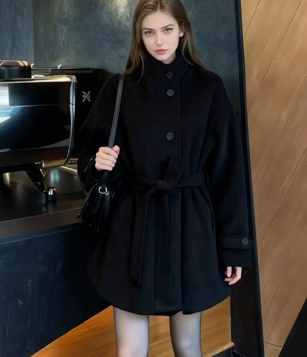 

Wool Blend Coats Womens Woolen Coat Korean Style Woman Autumn Tweed Checked Buttoned Stand-Up Collar Sided Snap Closure Balloon