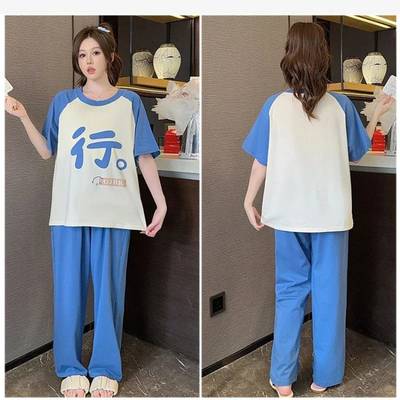M-5XL Cotton Pajamas Set Women Korean Cartoon Plus Size Home Clothes Chest Pads Short Sleeves Tops and Trouser Suit Loungewear