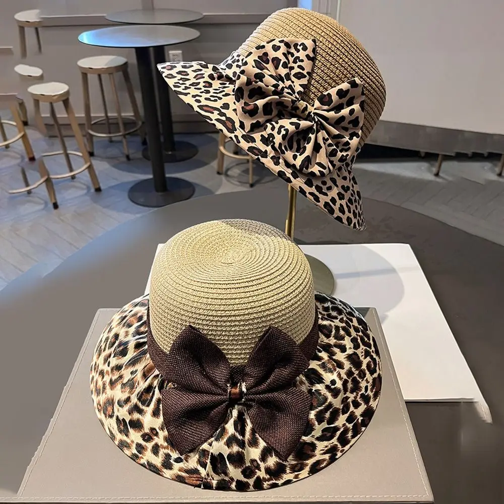 

Leopard Print Bow Straw Hat UV Protection Wide Brim Women's Sun Hat Lightweight Breathable Fisherman's Hat Summer Outdoor