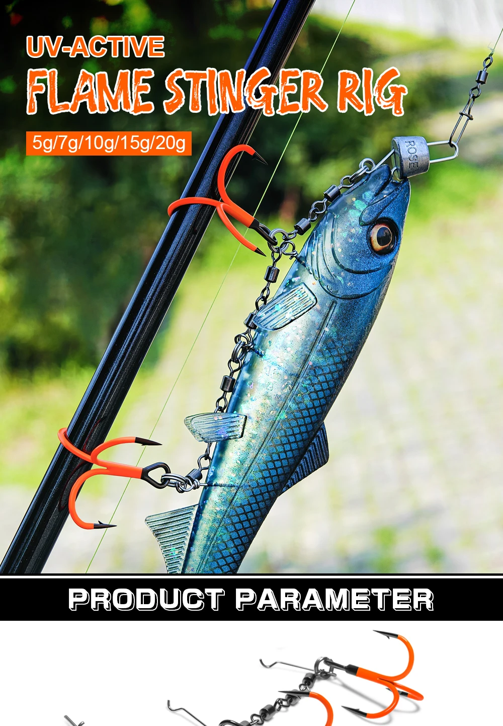 Spinpoler Multi-Depth Flame Stinger Rig UV-Haken mit einstellbarem Sinkergewicht für weichen Köder, Hechtangeln, Köderguss, Trolling, Pesca – Detail 1