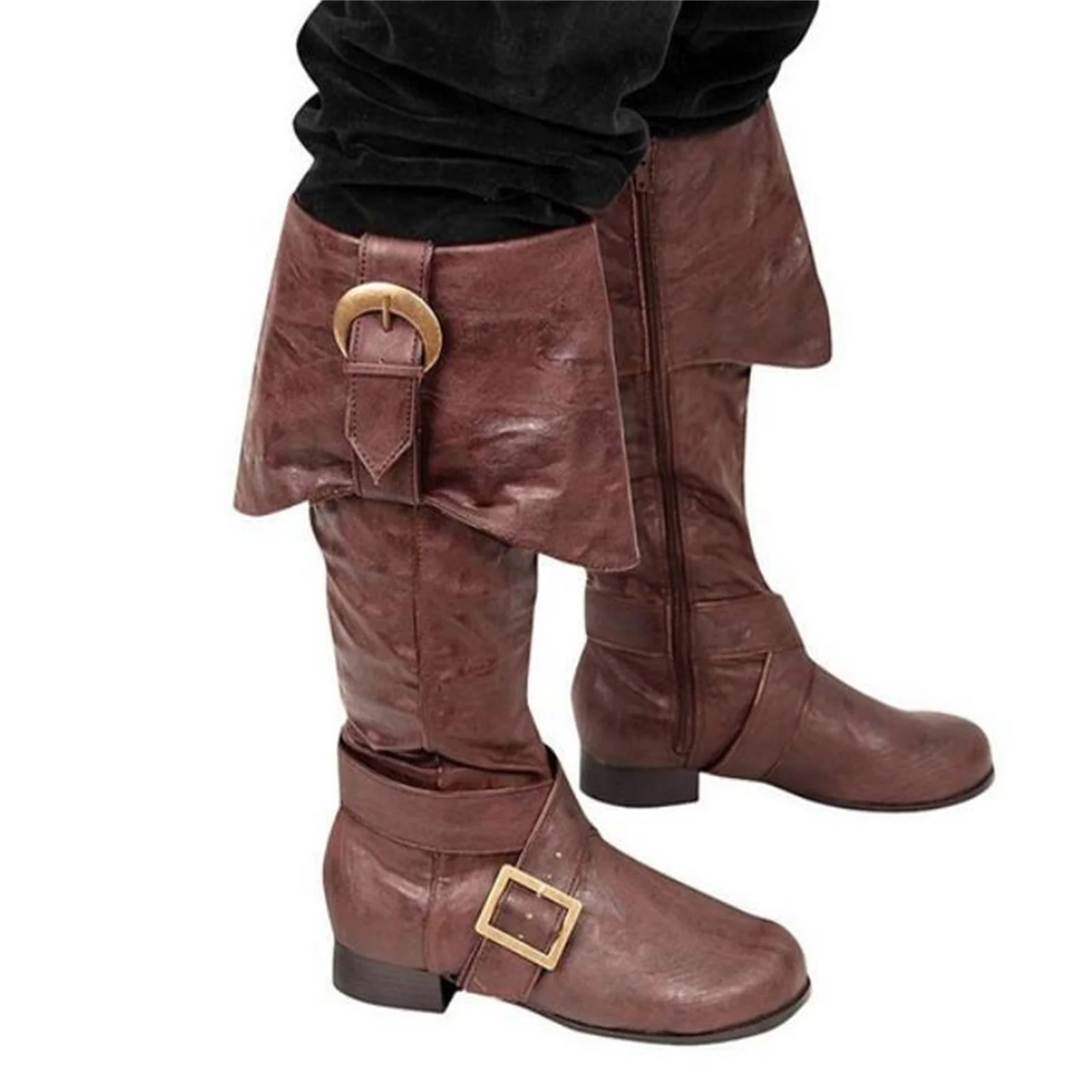 Medieval viking pirata soldado cosplay botas de cavaleiro halloween moda masculina fivela calçados femininos retro festa meados de bezerro bota