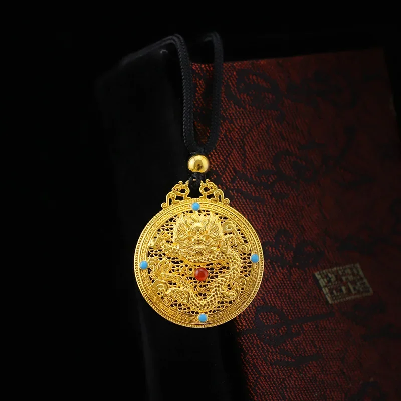 9999 real gold 24K yellow gold Ancient Pendant Filigold Hollow Round Dragon Pendant