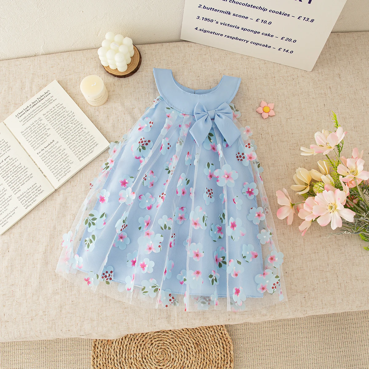 طفلة فستان الصيف زهرة القوس أكمام فتاة فستان لطيف شبكة فتاة فستان الأميرة ملابس الطفل فتاة ﻿