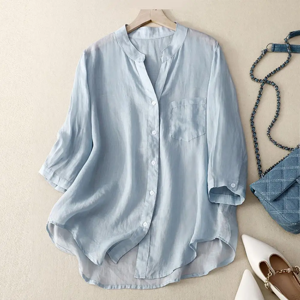 V-neck Shirt Tops Women Casual Shirt V-Neck 3/4 Sleeve Solid Color Shirt Tops Single Breasted Loose Fit Thin Women Clothing