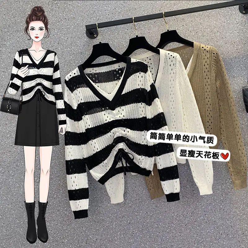 

2023 Autumn New Fashion Hollow Out V-Neck Oversize Women Elegant Sweater Knitted Pullover Casual Jumper Long Sleeve Tops A19