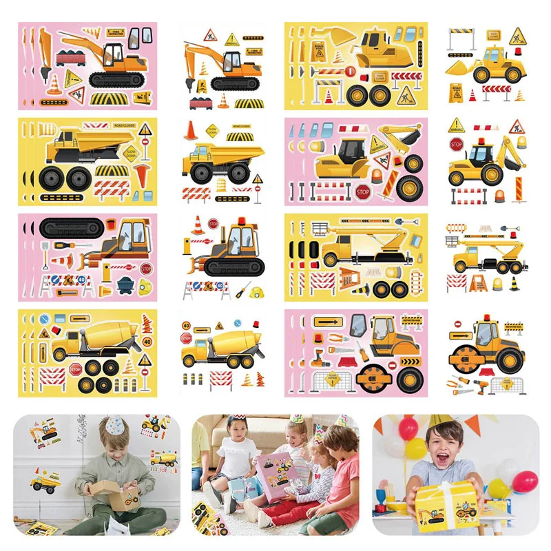 6/24Sheet Make Your Own Engineering Vehicles Stickers For Kids DIY Construction Vehicle Puzzle Sticker Assemble Jigsaw Boys Gift