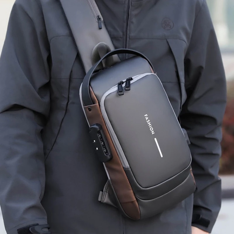 Wasserdichte Herren-Brusttasche, diebstahlsicherer Umhängetaschenrucksack mit USB-Ladeanschluss, Einzelschultertasche für Outdoor-Sportarten – Detail 5
