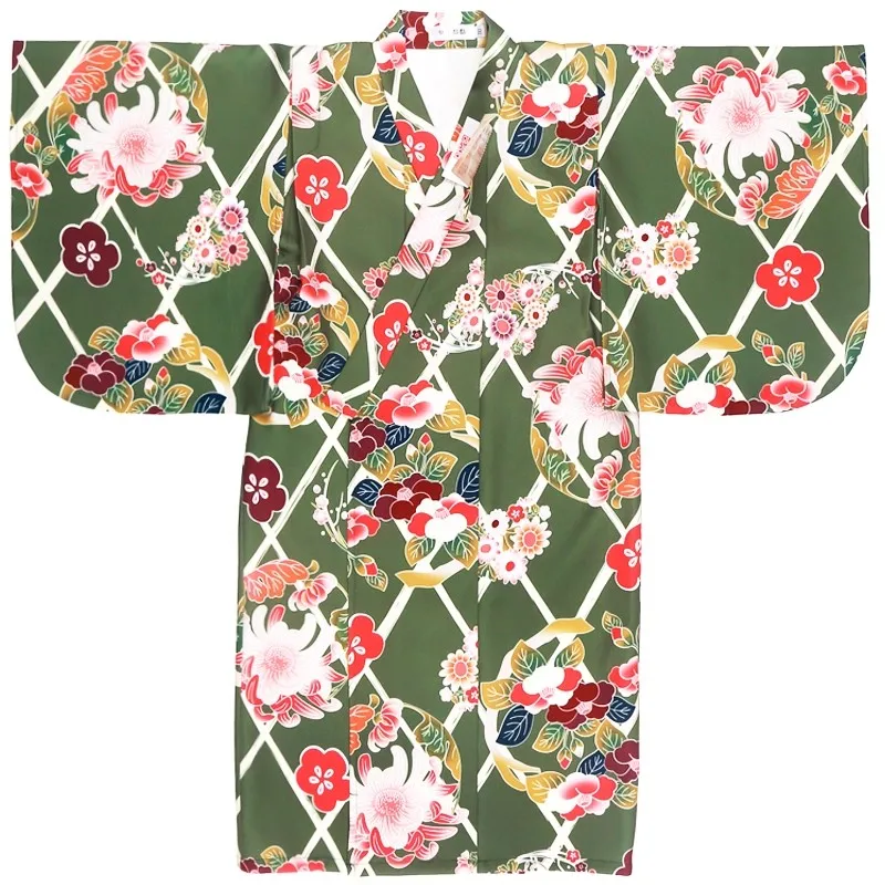 Kimono da ragazza in stile giapponese, colore verde, stampe floreali, Yukata modernizzato per bambini, costume cosplay di Halloween, abito da esibizione