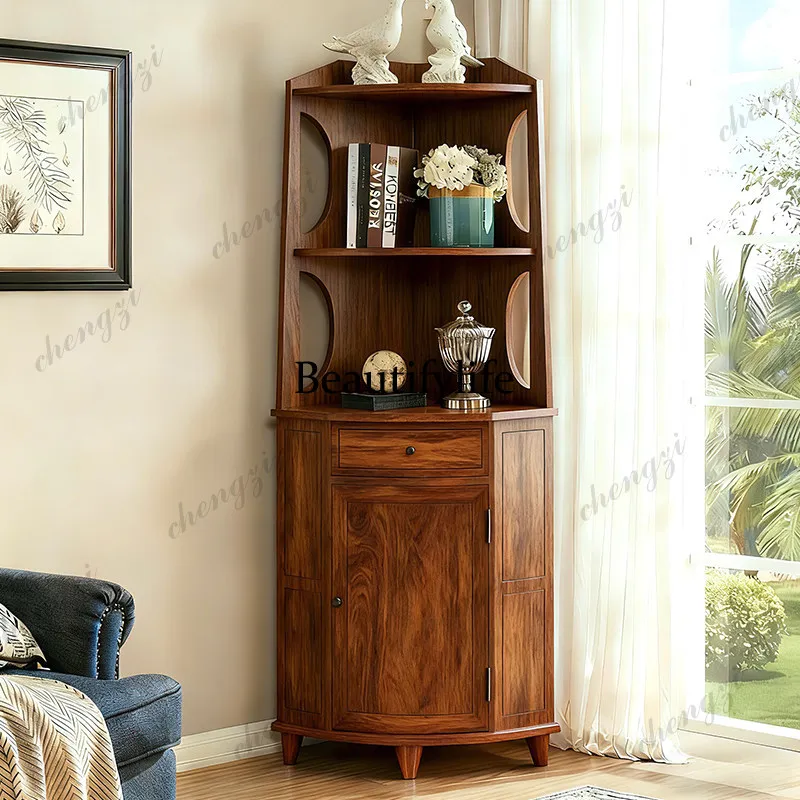 Solid wood corner cabinet New Chinese living room decorative cabinet Triangle shelf Medieval storage cabinet