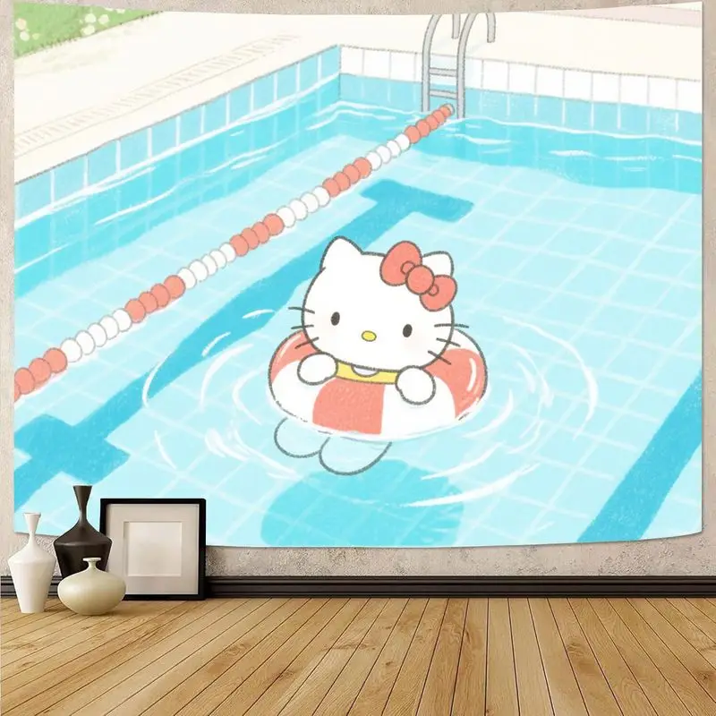

1PC Hello Kitty Swimming Pool Tapestry, Kawaii Polyester Wall Art Decor for Bedroom Living Room, Cute Summer Float Scene Girl Gi