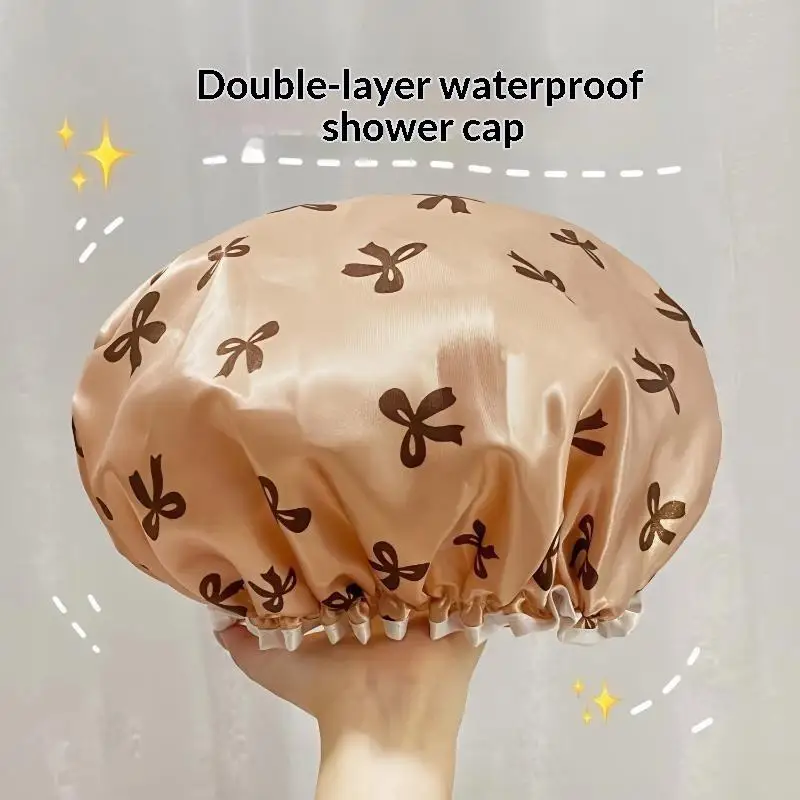1Pc Printed Double Layer Shower Cap Waterproof Reusable Hair Cover For Women Spa Salon Bath Accessory