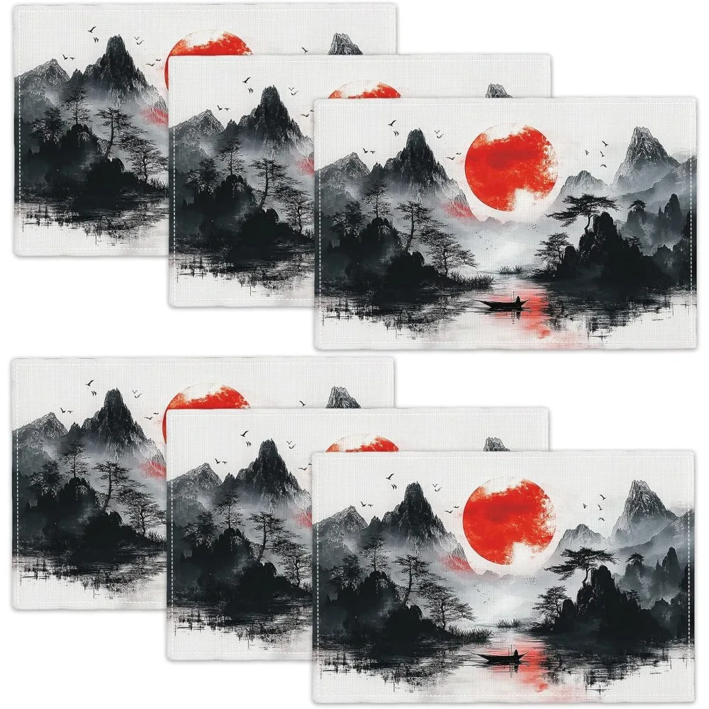 Juego de manteles individuales de montaña asiática de 6, manteles individuales de sol rojo, manteles de mesa de paisaje para cocina, comedor, restaurante, 18.0 x 12.0 in