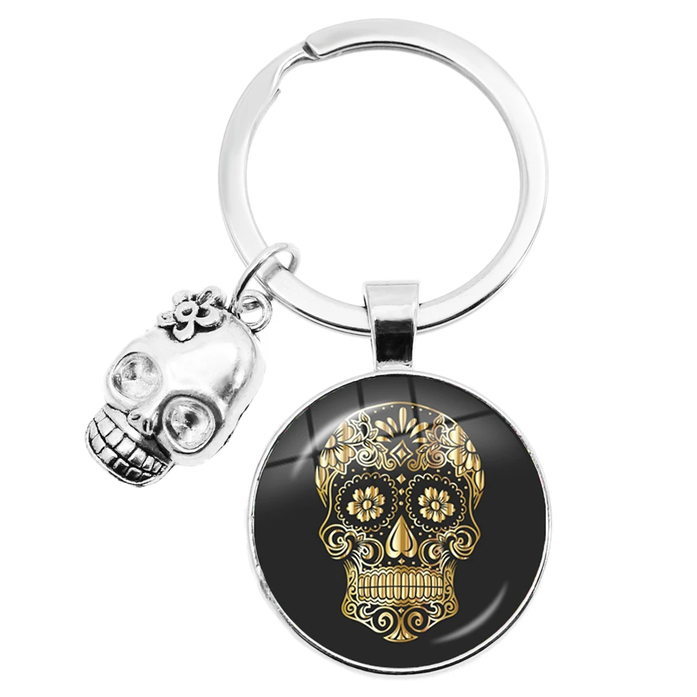 Hot Selling Colorful Sugar Skull Keychain Mexico Folk Art Patterns Glass Key Chain Skulls Accessory Jewelry Holiday Gift