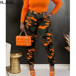 HLJ&GG Camouflage Print Trousers High Waist Pockets Cargo Pants Spring 2024 Zip Fly Casual Streetwear Women Camo Long Pants