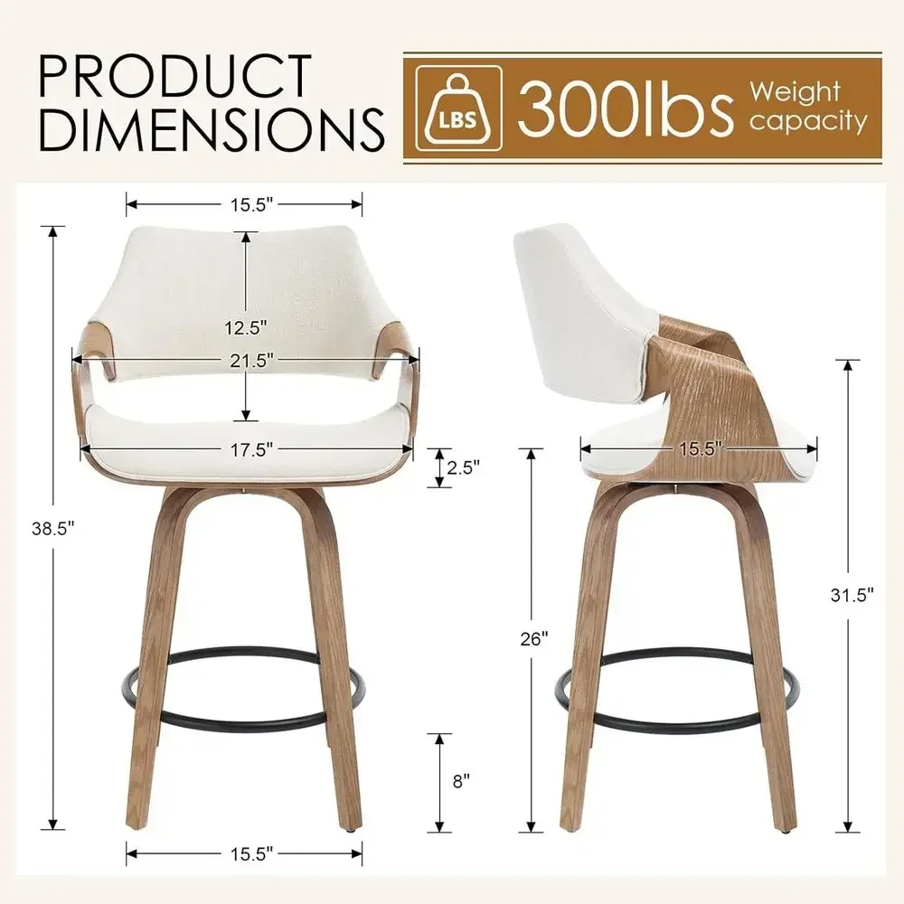Set of 2 White Linen Upholstered Swivel Bar Stools with Back, Suitable for Counter Height and Kitchen Island