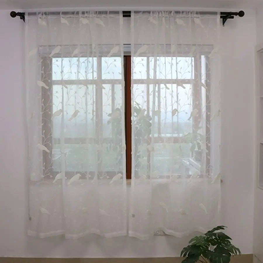 

Комплект из 2 белых 3D-штор с элегантной вышивкой птиц, роскошные полупрозрачные занавески для спальни, гостиной, фермерского дома, с креплением на крючках